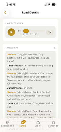 Better Half app showing a recorded call and full transcript with a new lead