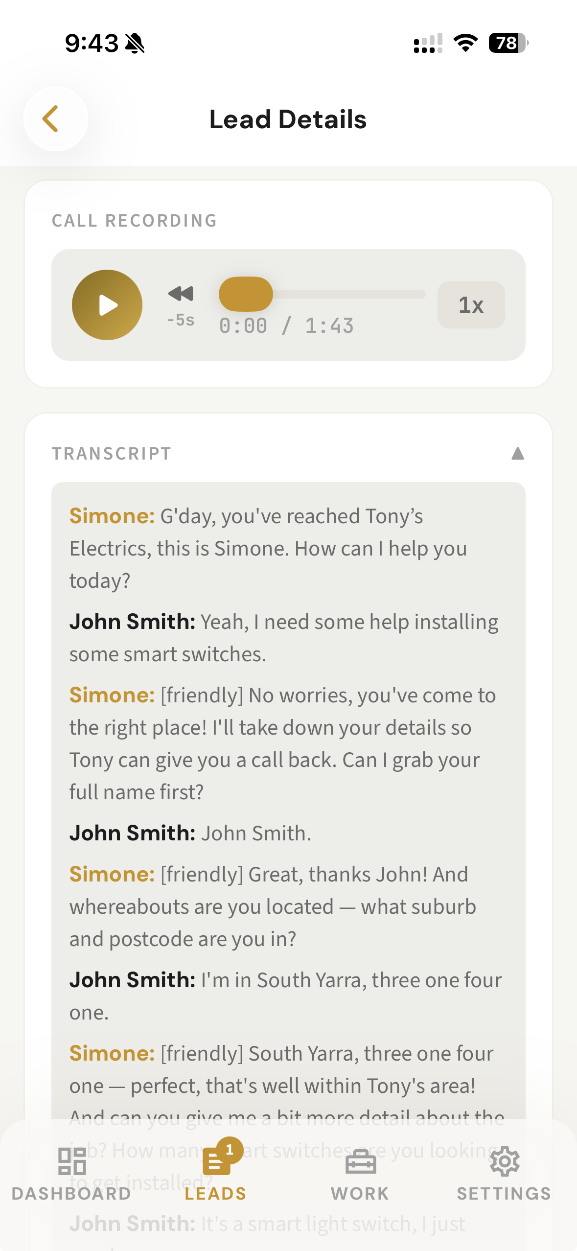 Better Half app showing a recorded call and full transcript with a new lead