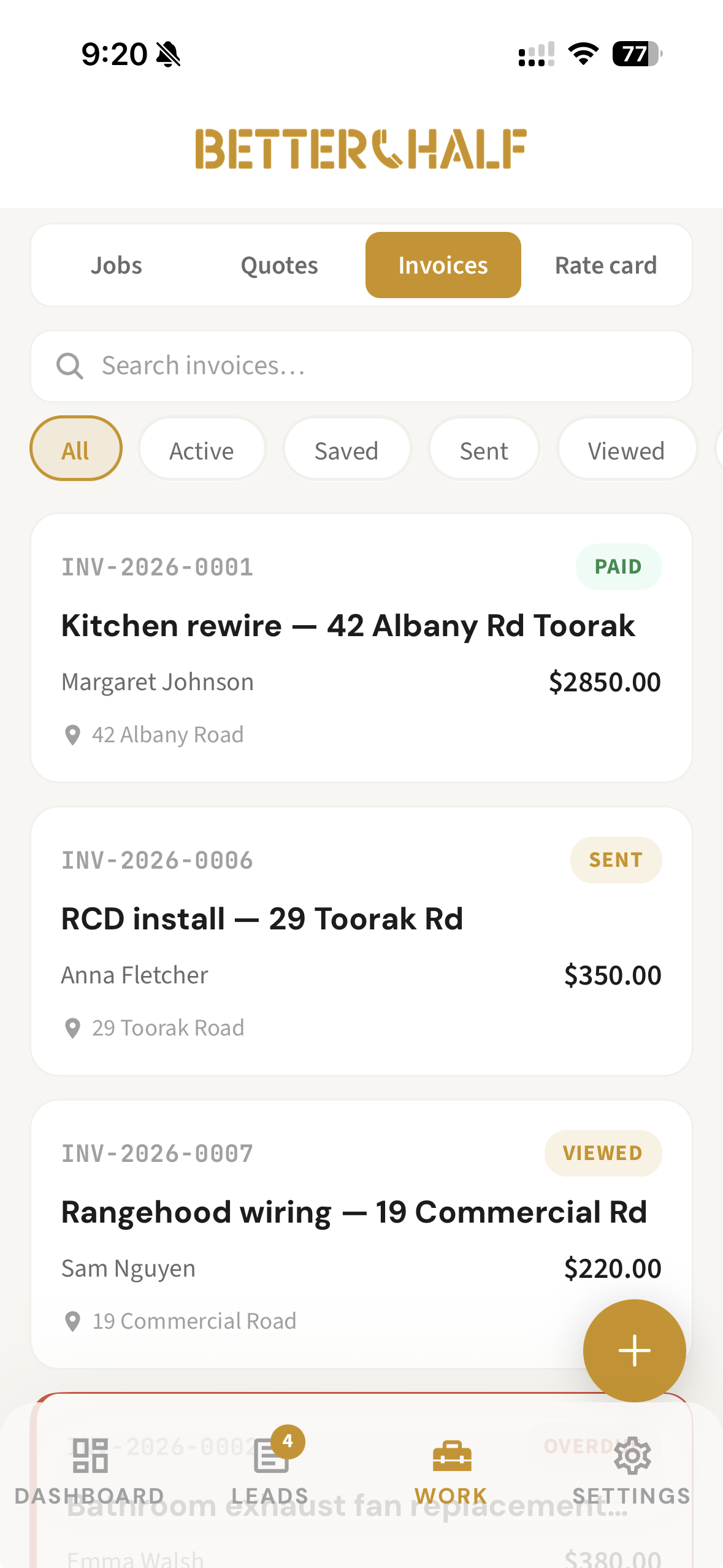 Better Half app invoices list showing paid, sent, and viewed invoices for tradies