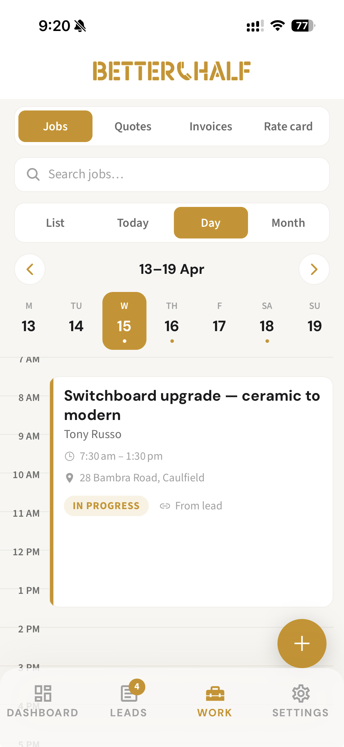 Better Half app job diary showing scheduled work for the week with directions to site